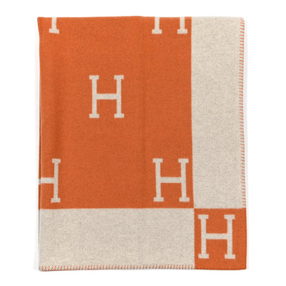 Hermes Wool Cashmere Signature Classic Avalon Blanket Ecru Potiron 1 of 3