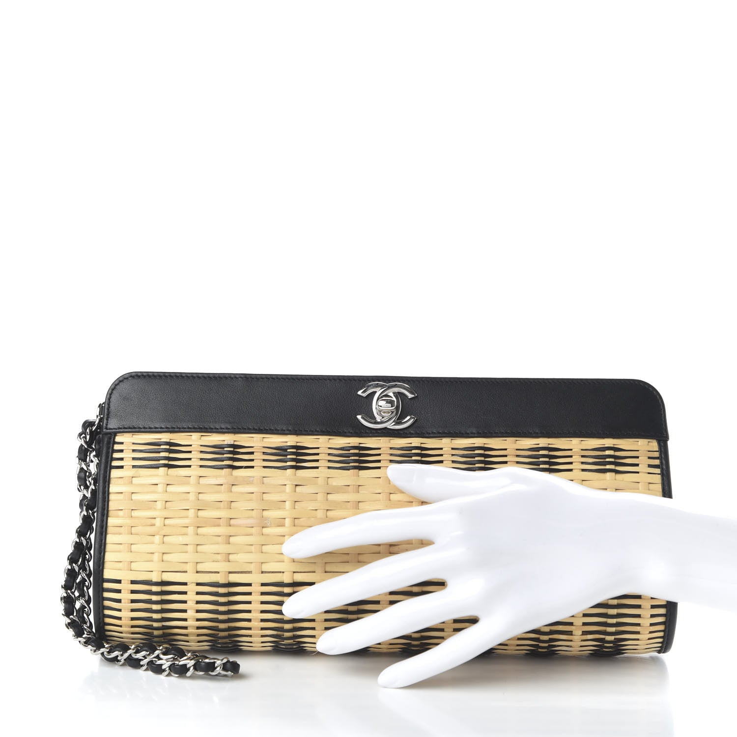 Chanel Rattan Calfskin CC Chain Wristlet Clutch Black Beige 2 of 12