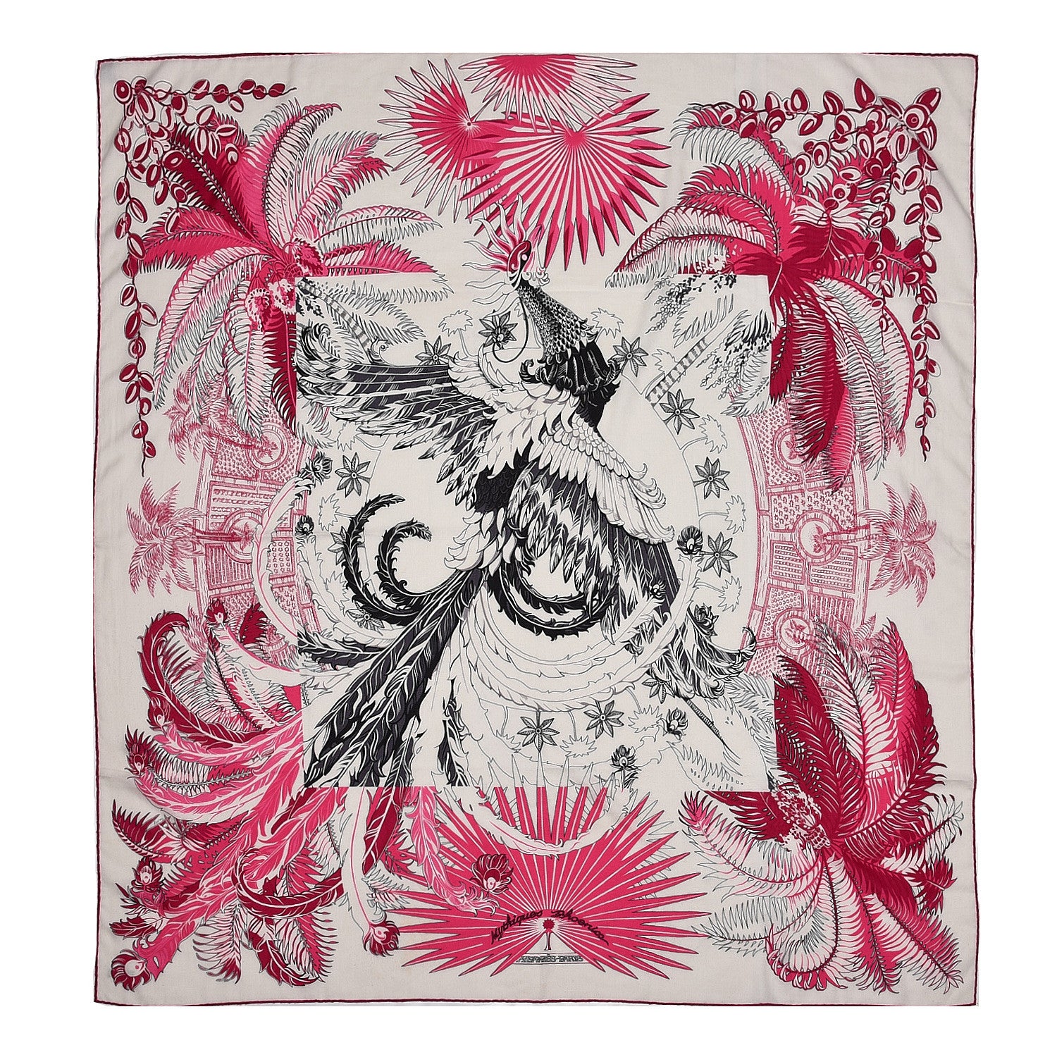 Hermes Cashmere Silk Mythiques Phoenix Coloriage Shawl 140 White Rose Black 1 of 7