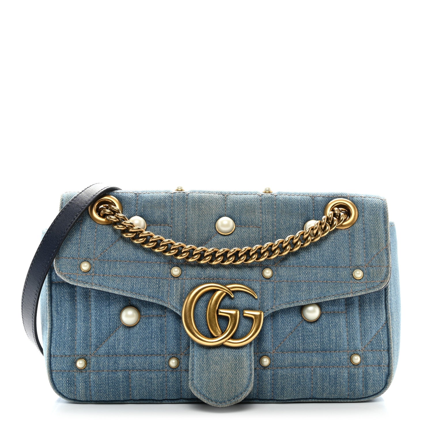 Gucci Denim Matelasse Pearl Studded Small GG Marmont Shoulder Bag Blue 1 of 10