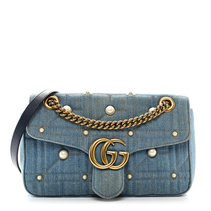 Gucci Denim Matelasse Pearl Studded Small GG Marmont Shoulder Bag Blue 1 of 10