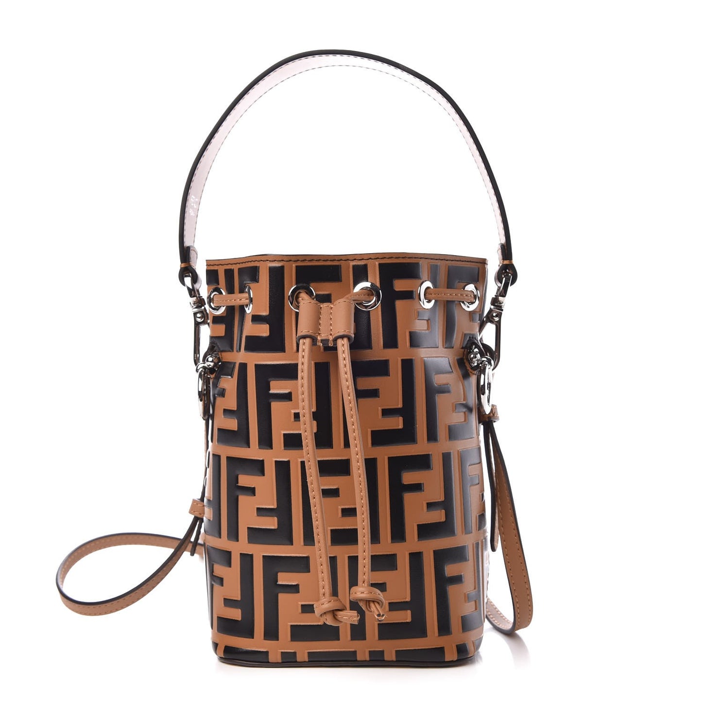 Calfskin F is FF Embossed Small Mon Tresor Bucket Bag Tobacco Black