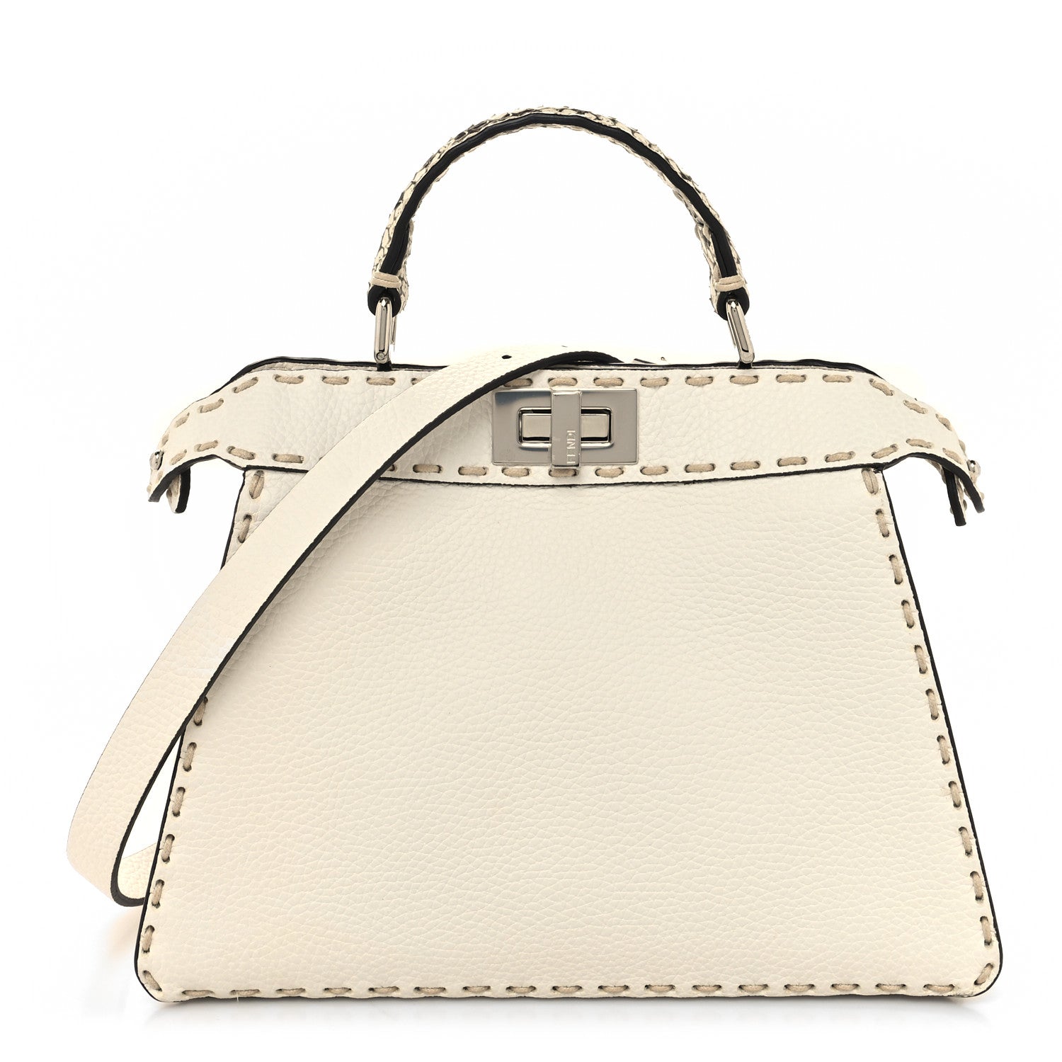 Fendi Vitello Granato Camoscio Elaphe Python Print Macro Stitchings Small Peekaboo I SEE U Iconic Satchel White Roccia 1 of 11
