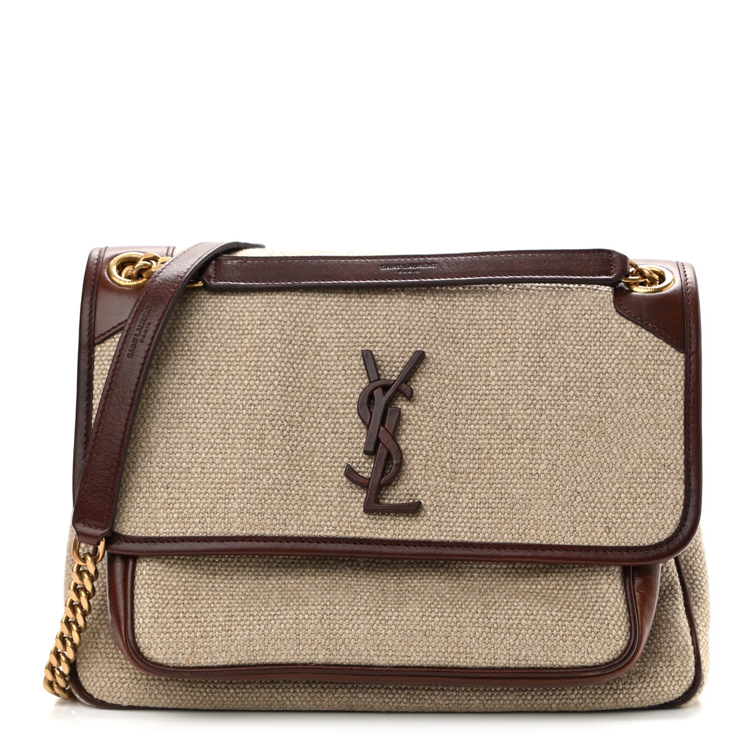 Saint Laurent Cotton Canvas Vintage Calfskin Monogram Medium Niki Chain Satchel Natural Chocolate 1 of 11
