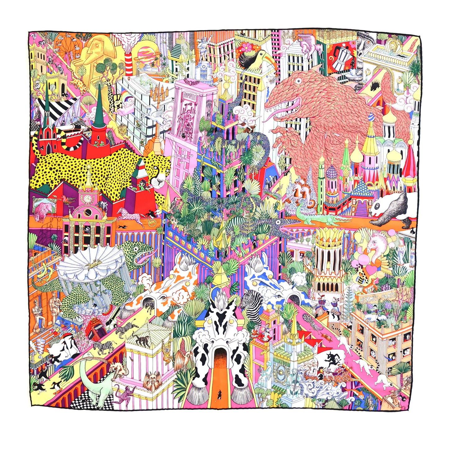 Silk Animapolis Scarf 90 Jaune Vif Vert Rose