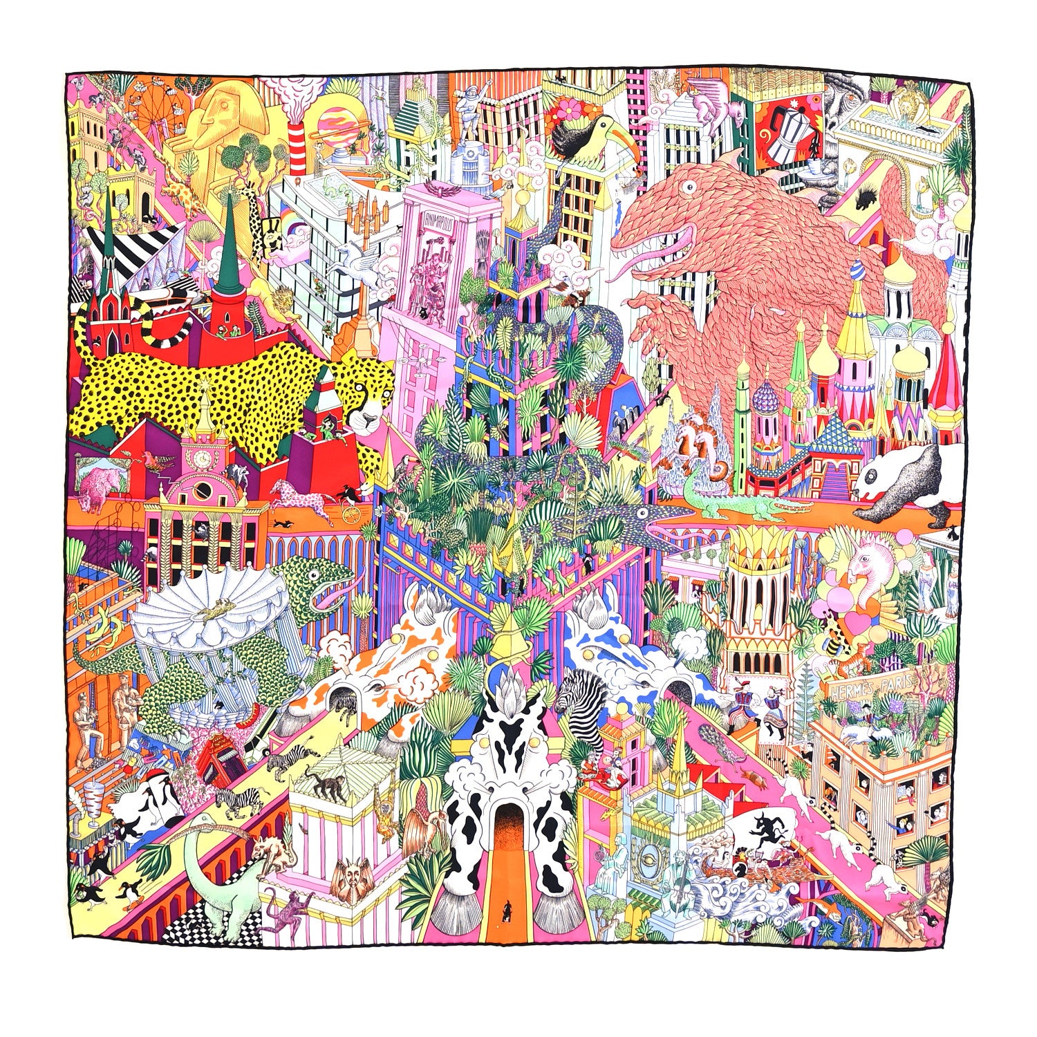 Hermes Silk Animapolis Scarf 90 Jaune Vif Vert Rose 1 of 4