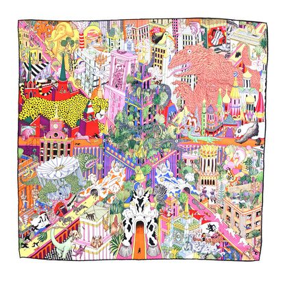 Hermes Silk Animapolis Scarf 90 Jaune Vif Vert Rose 1 of 4