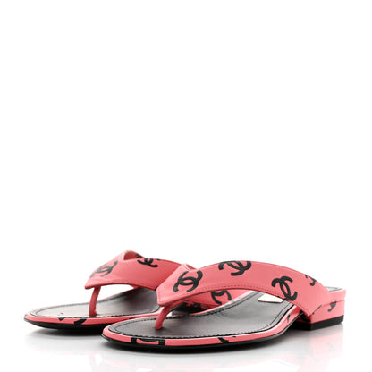 Chanel Lambskin Printed CC Thong Sandals 35 Pink Black 3 of 9