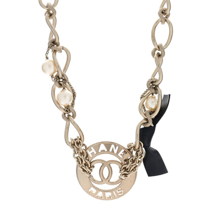Chanel Metal Pearl Chain CC Paris Pendant Necklace Light Gold 1 of 4