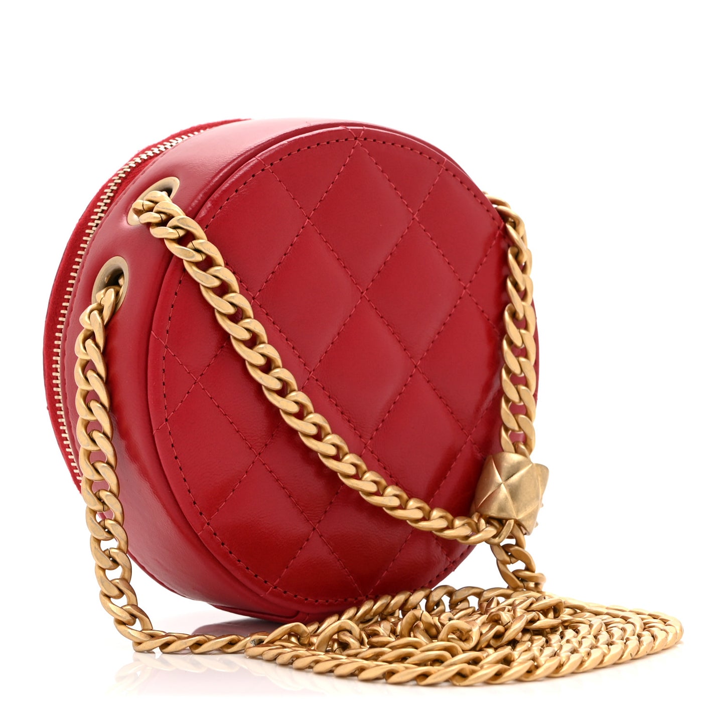 Lambskin Quilted Pillow Crush Round Clutch With Chain Red