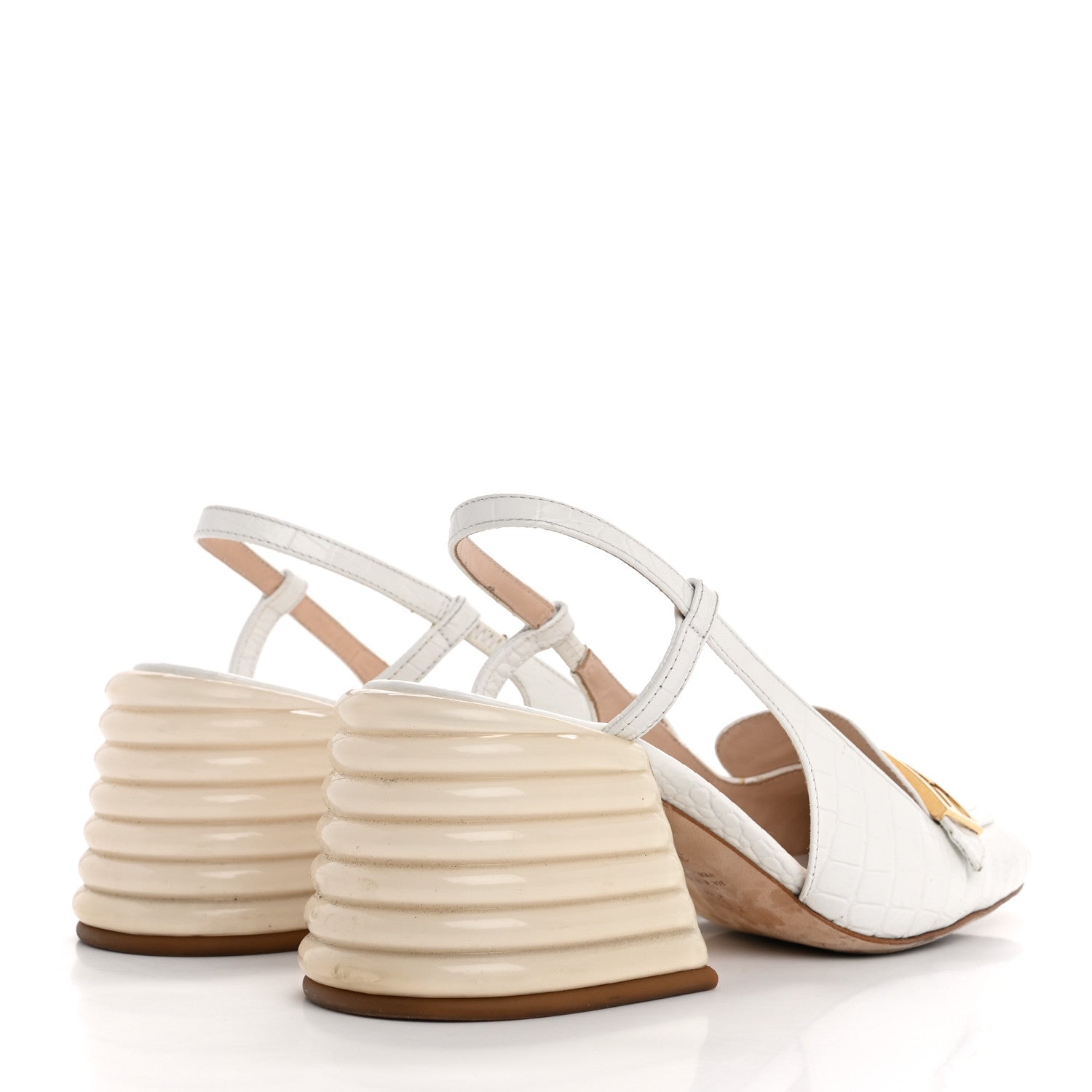 Fendi Calfskin Crocodile Embossed Promenade Slingback Loafer Pumps 36.5 White 5 of 13