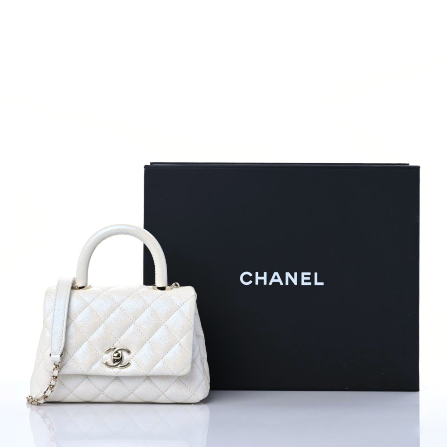 Iridescent Caviar Quilted Extra Mini Coco Handle Flap White