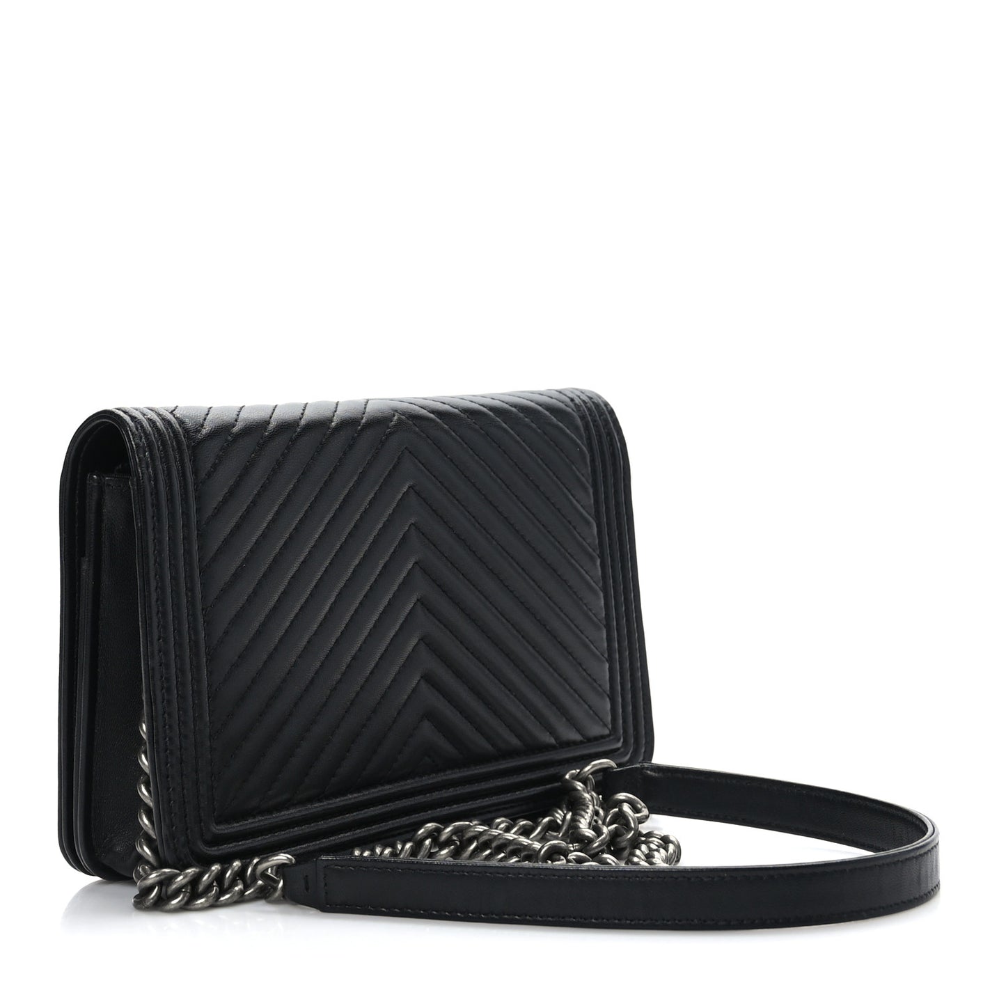 Grained Calfskin Chevron Quilted Boy Wallet On Chain WOC Black