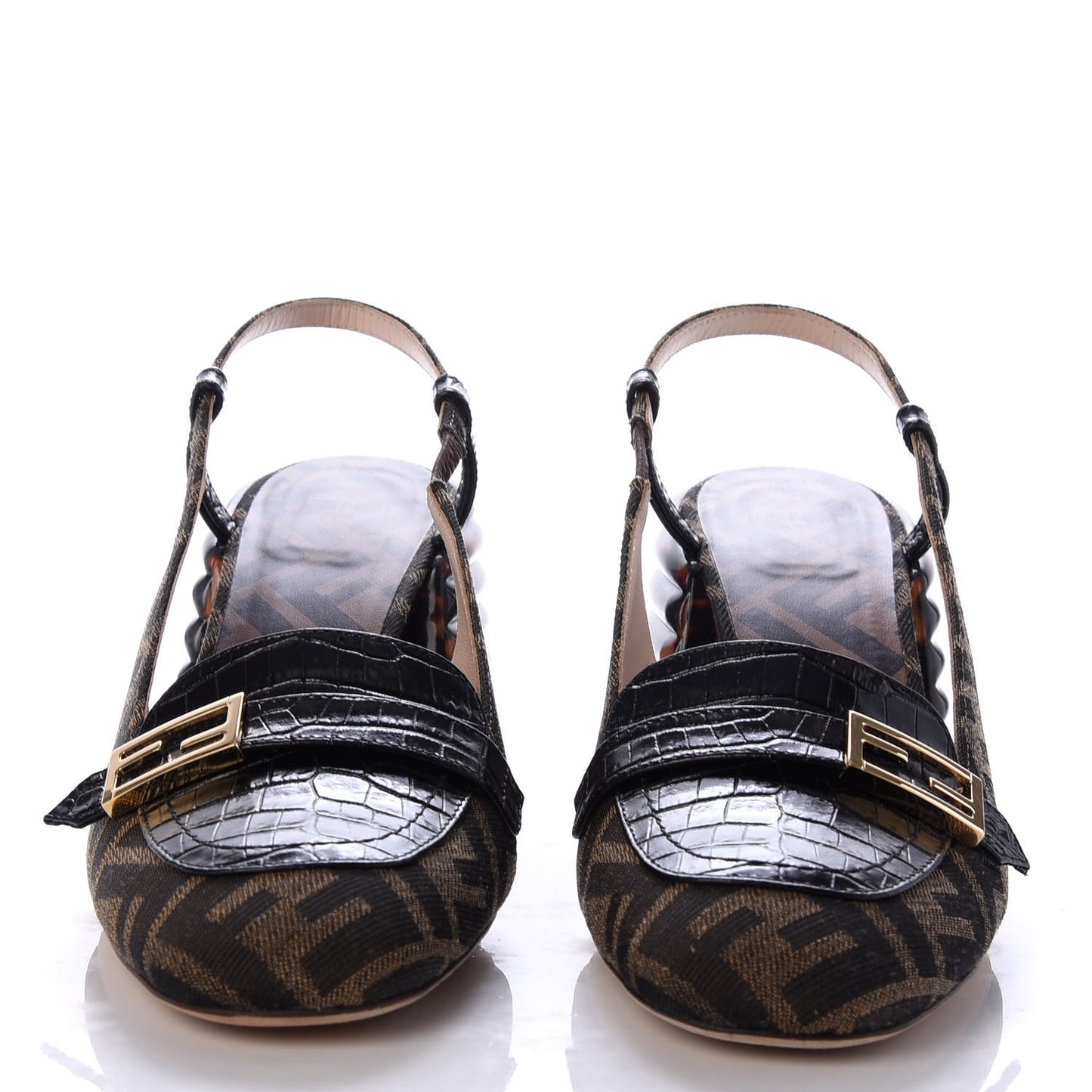 Jacquard Calfskin FF Tortoise Promenade Slingback Loafer Pumps 38 Tobacco