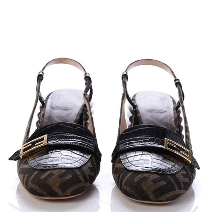 Fendi Jacquard Calfskin FF Tortoise Promenade Slingback Loafer Pumps 38 Tobacco 2 of 9