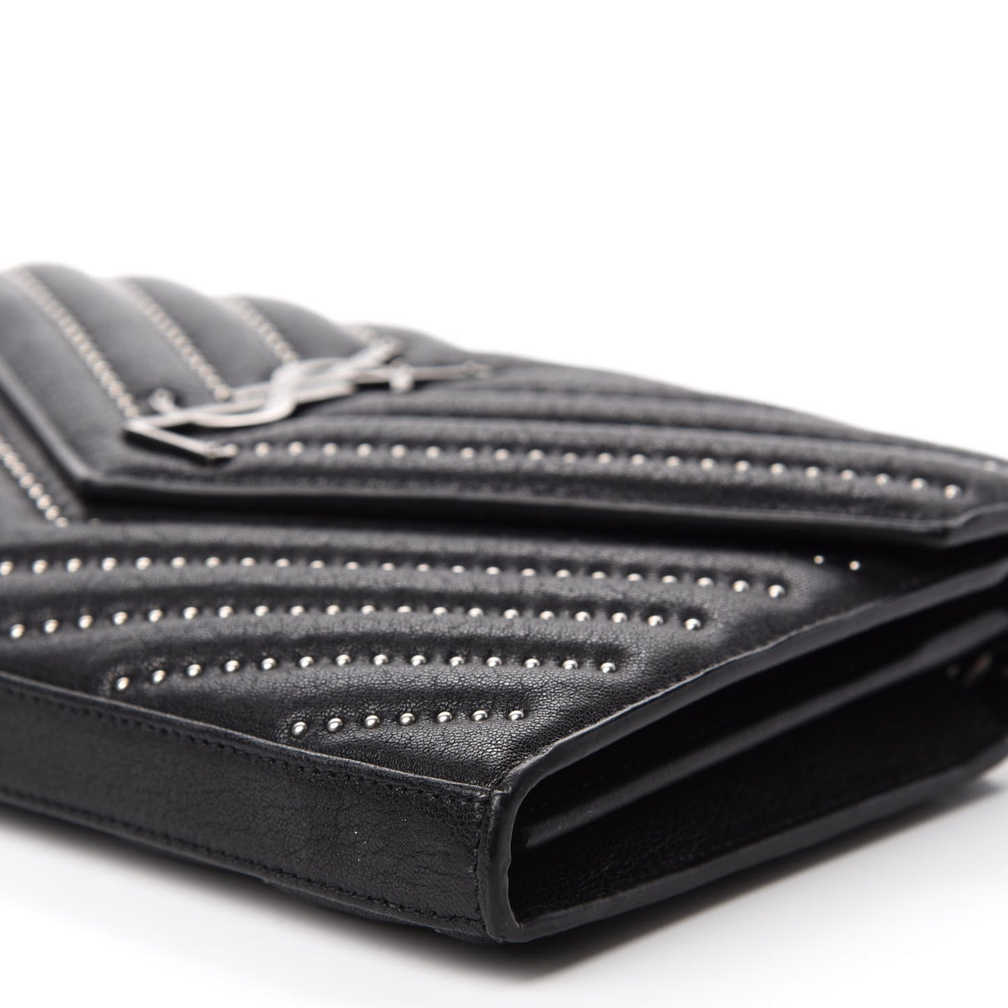 Sheepskin Matelasse Chevron Studded Monogram Chain Wallet Black