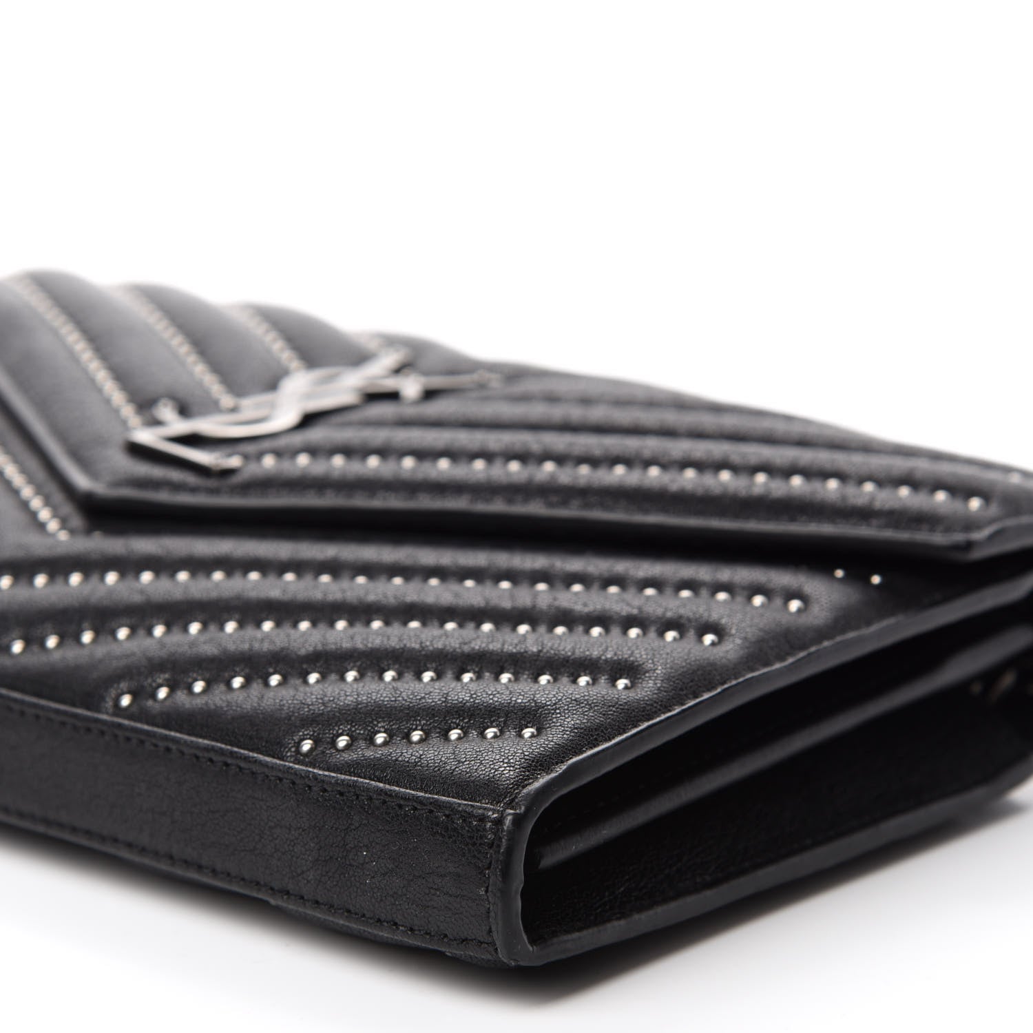 Saint Laurent Sheepskin Matelasse Chevron Studded Monogram Chain Wallet Black 7 of 10
