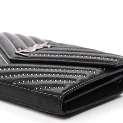 Saint Laurent Sheepskin Matelasse Chevron Studded Monogram Chain Wallet Black 7 of 10