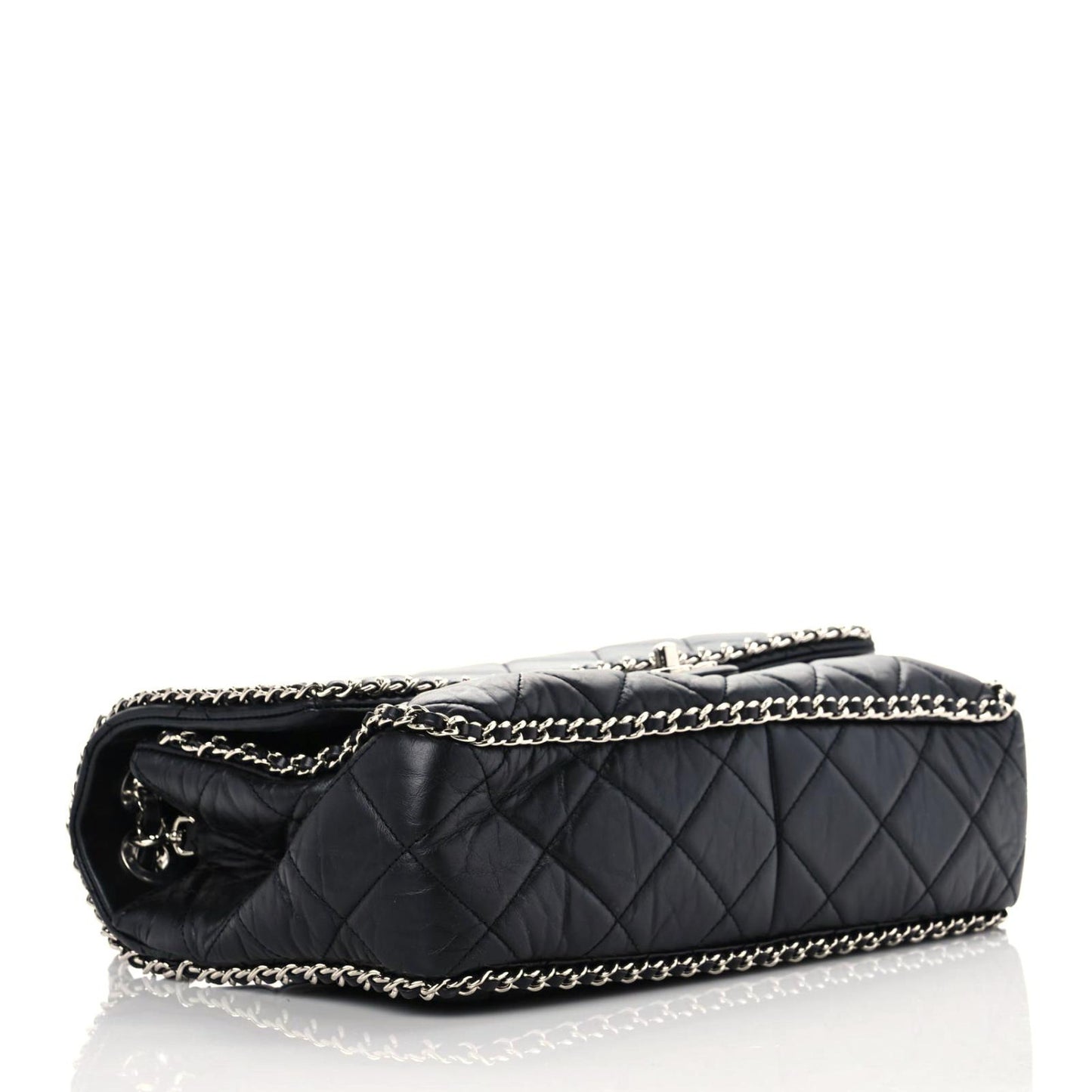Crumpled Calfskin Quilted Large Chain All Over Flap Bag Black