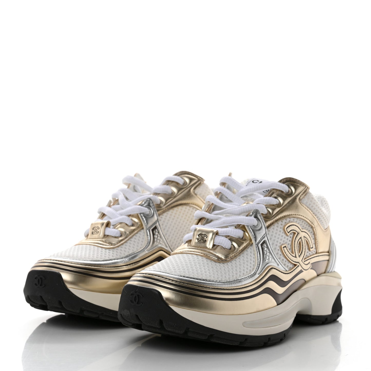 Fabric Laminated Calfskin Stretch CC Sneakers 36 White Gold Silver