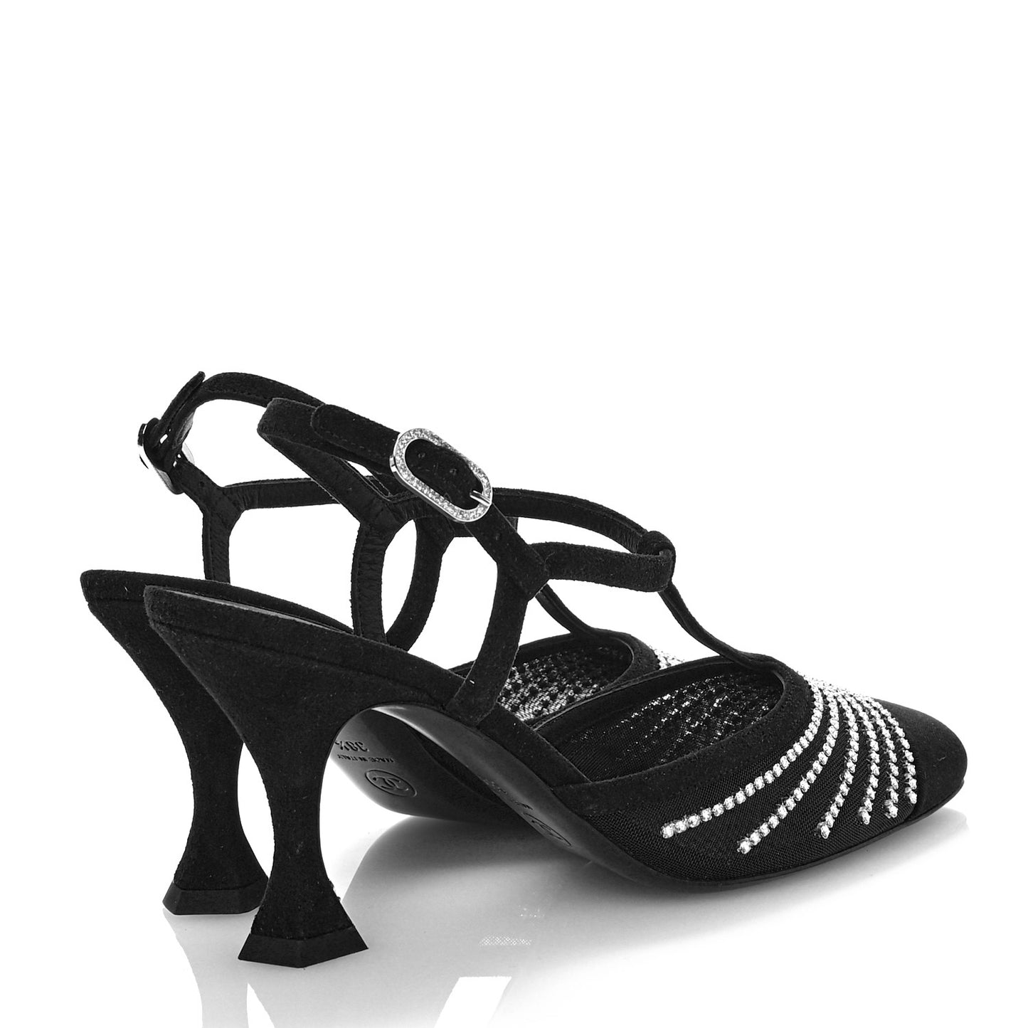 Suede Kidskin Mesh Crystal Sandals 38.5 Black