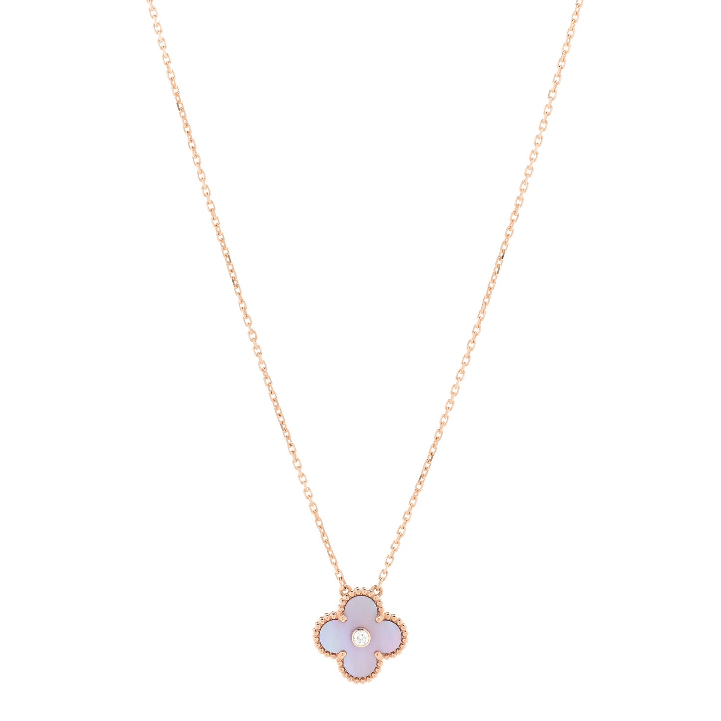 18K Rose Gold Diamond Pink Mother of Pearl Vintage Alhambra Pendant Necklace