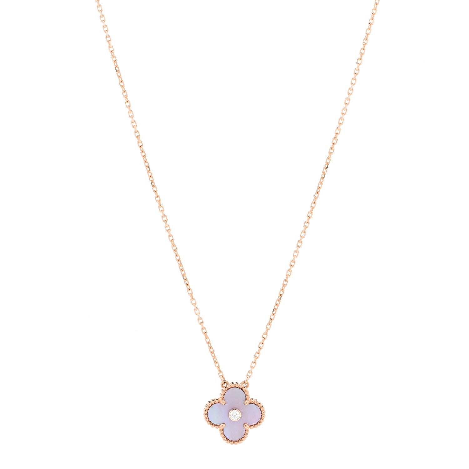 Van Cleef & Arpels 18K Rose Gold Diamond Pink Mother of Pearl Vintage Alhambra Pendant Necklace 1 of 6