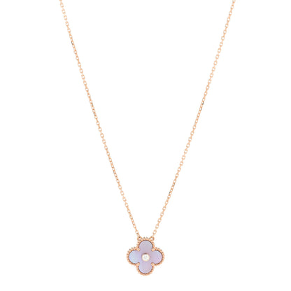 Van Cleef & Arpels 18K Rose Gold Diamond Pink Mother of Pearl Vintage Alhambra Pendant Necklace 1 of 6
