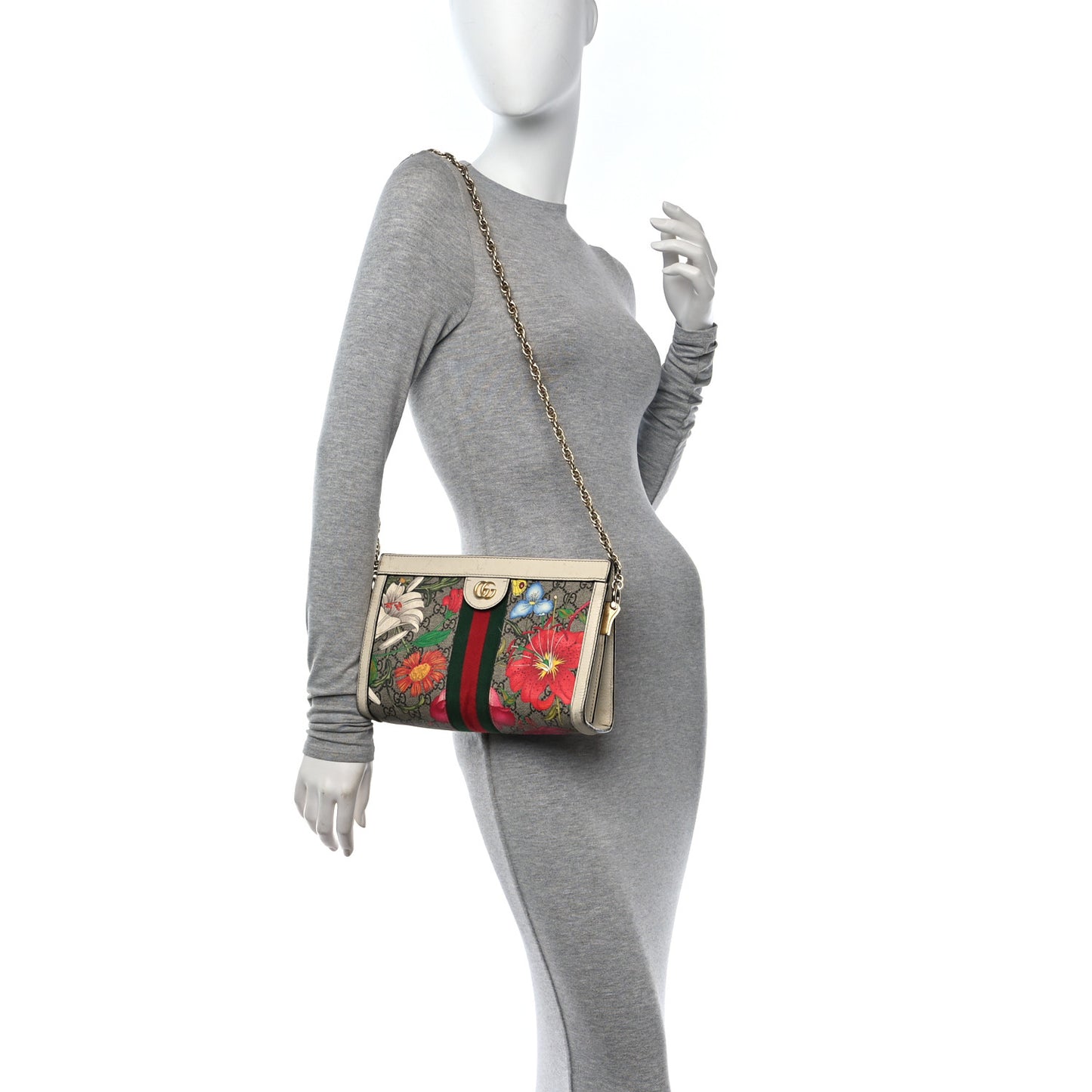 GG Supreme Monogram Flora Web Small Ophidia Chain Shoulder Bag White
