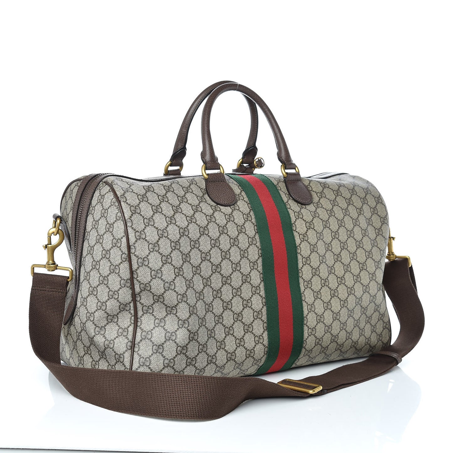GG Supreme Monogram Textured Dollar Calfskin Web Medium Ophidia Carry-On Duffle Bag Beige Ebony New Acero
