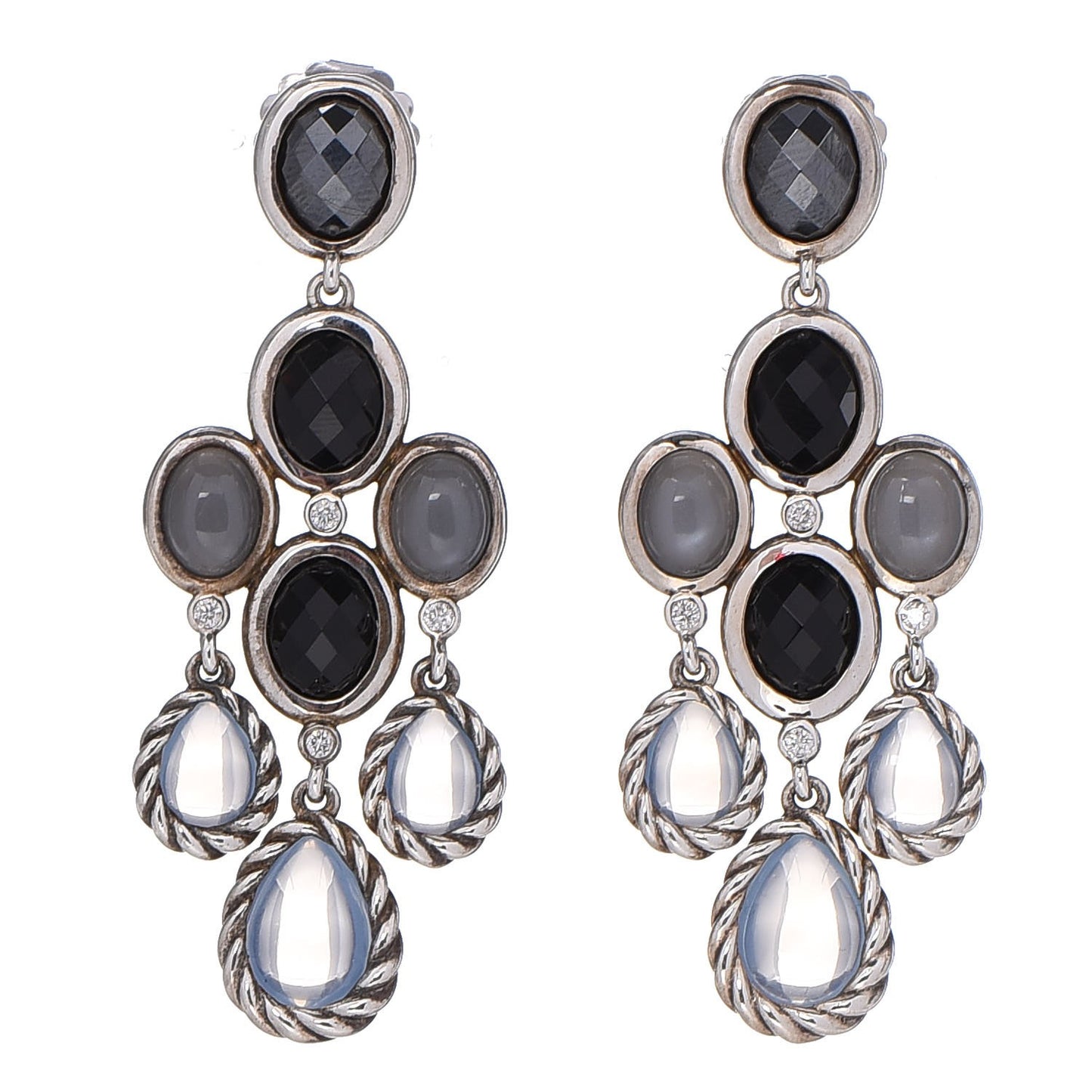 Sterling Silver Onyx Hematite Diamond Chatelaine Chandelier Earrings