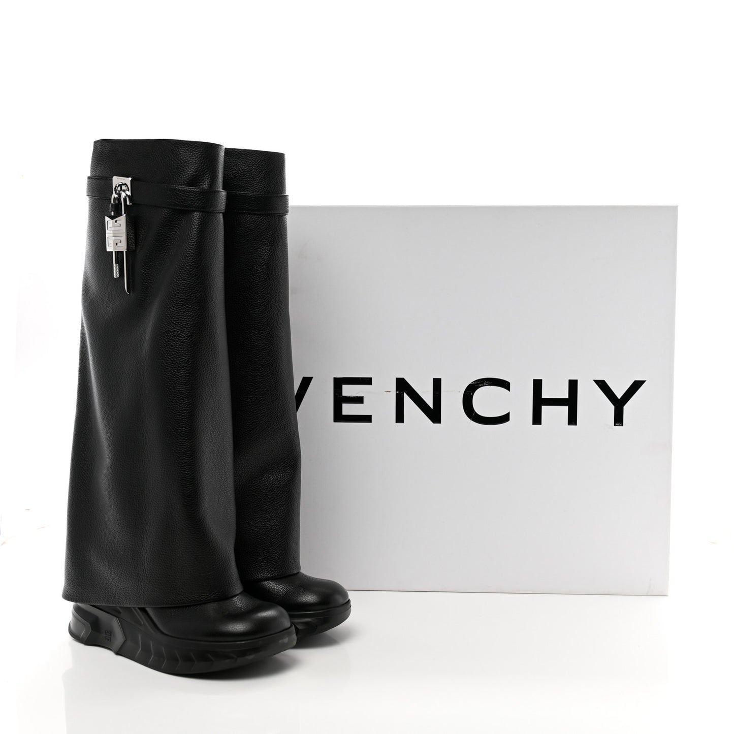 Grained Calfskin Shark Lock Biker Knee Boots 38 Black