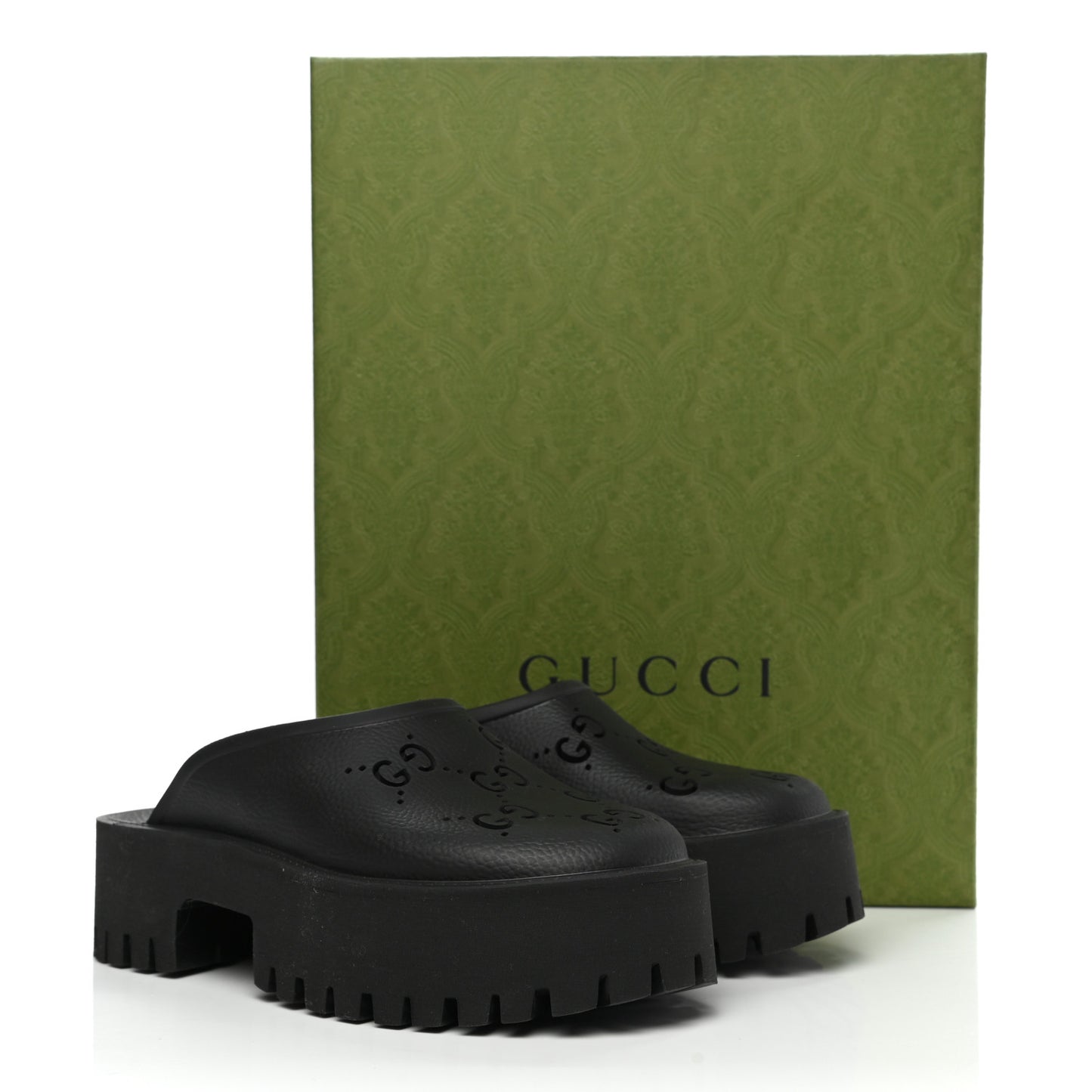 Rubber GG Monogram Perforated Elea Platform 55mm Lug Sole Sandals 38 Black