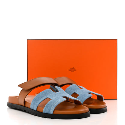 Hermes Denim Calfskin Womens Chypre Sandals 41 Bleu Clair Naturel 9 of 9