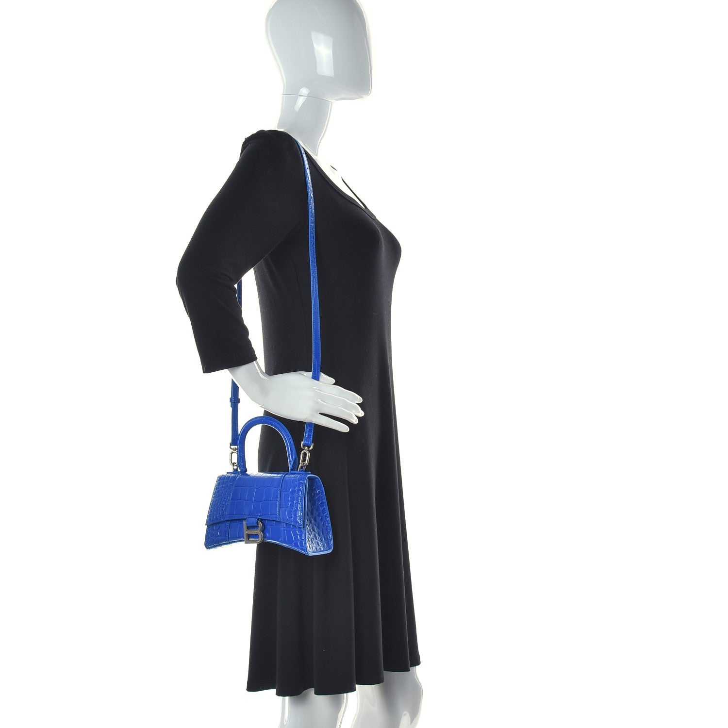 Balenciaga Shiny Calfskin Crocodile Embossed Hourglass Top Handle Bag XS Royal Blue 2 of 9