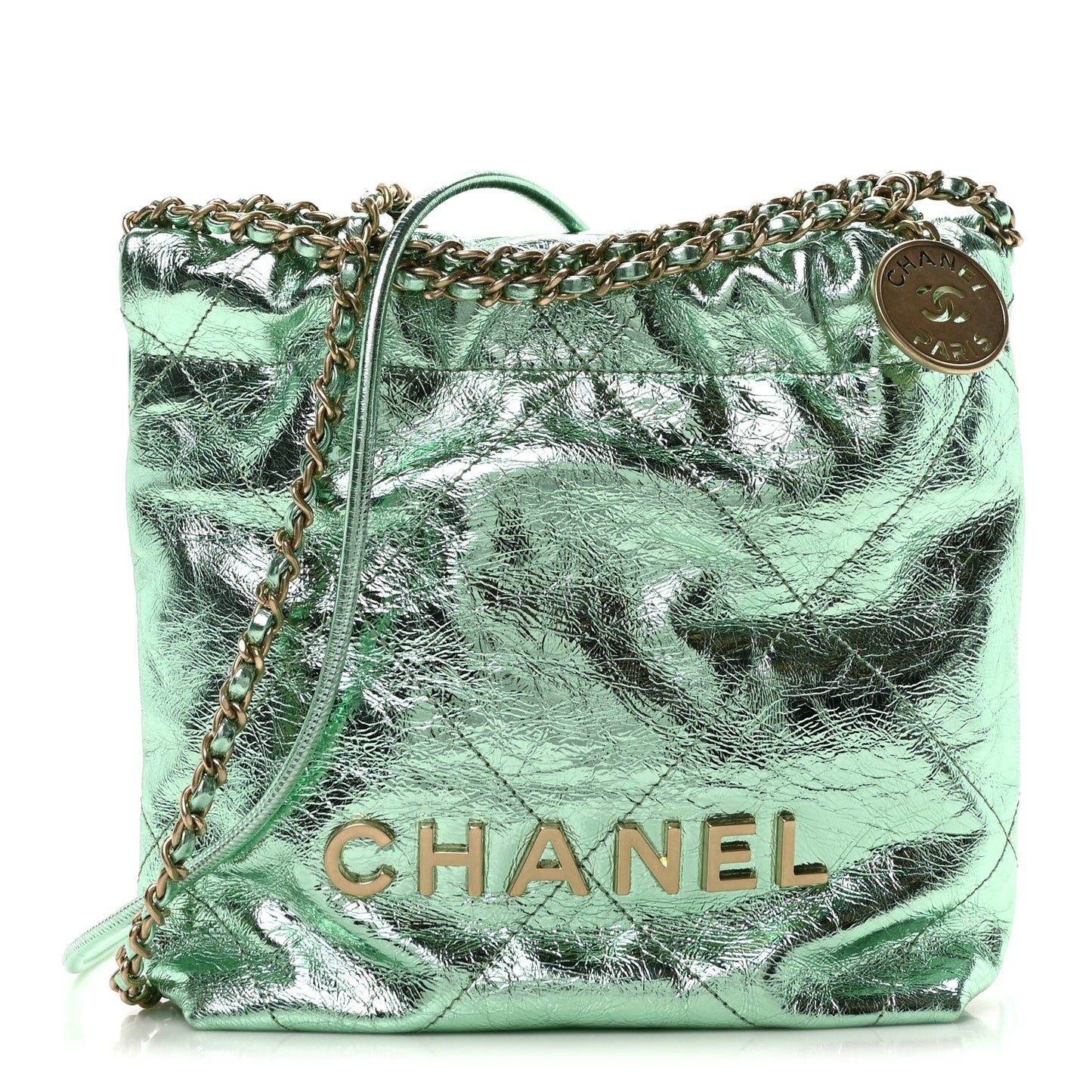 Metallic Calfskin Quilted Mini Chanel 22 Green