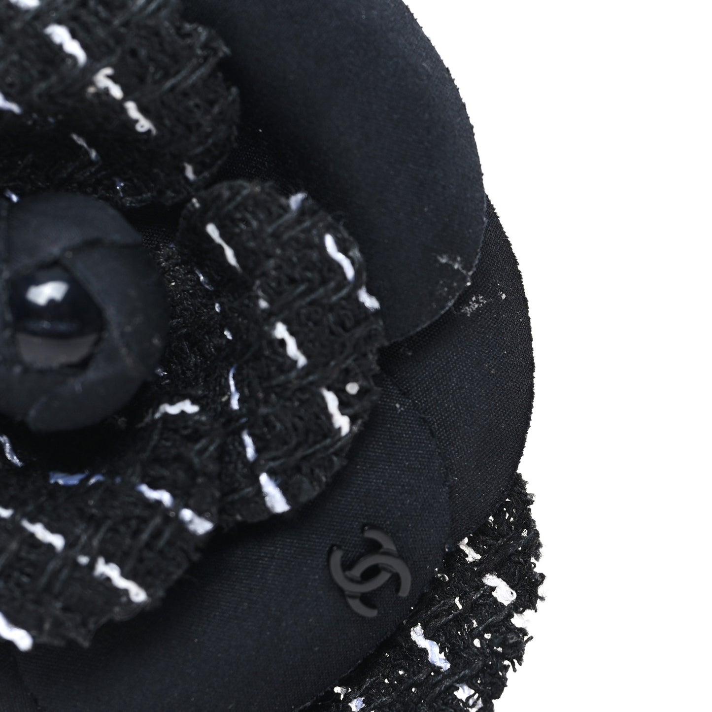 Tweed Camellia Pin Brooch Black