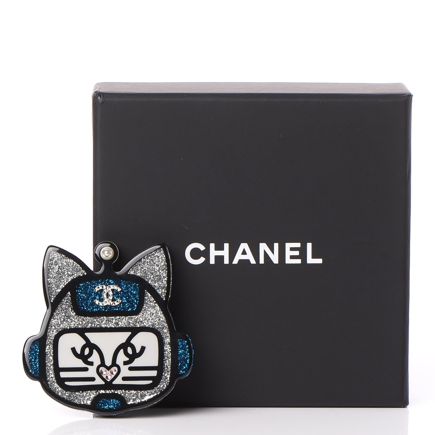 Chanel Resin Emoji Robot Cat Brooch Black Blue Silver 5 of 5
