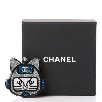 Chanel Resin Emoji Robot Cat Brooch Black Blue Silver 5 of 5