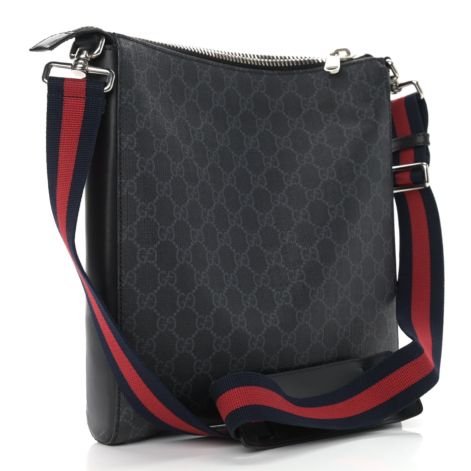 Gucci GG Supreme Monogram Appia Calfskin Web Flat Messenger Bag Black Grey 3 of 10