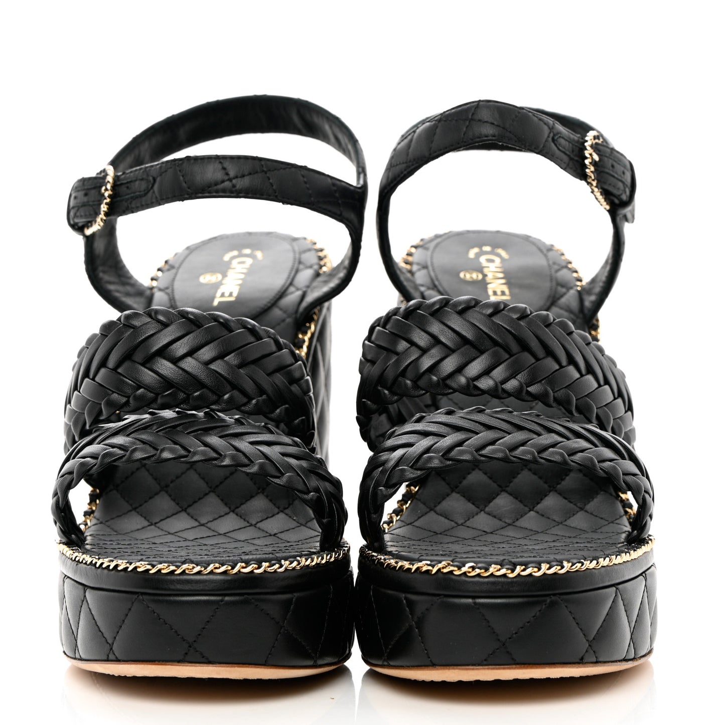 Calfskin Quilted Chain Around Wedge Sandals 41 Black