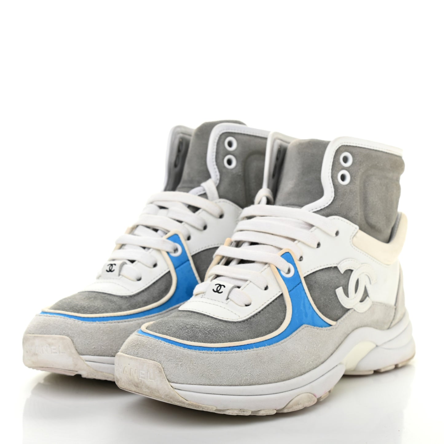 Suede Calfskin Lambskin High Top CC Sneakers 36 White Grey Fluo Blue