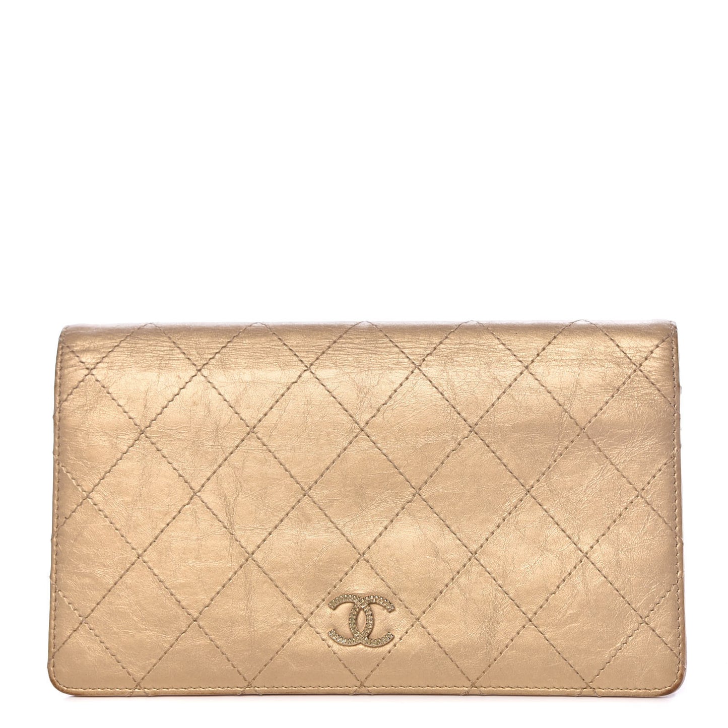 Metallic Calfskin Diamond Stitched Yen Wallet Gold