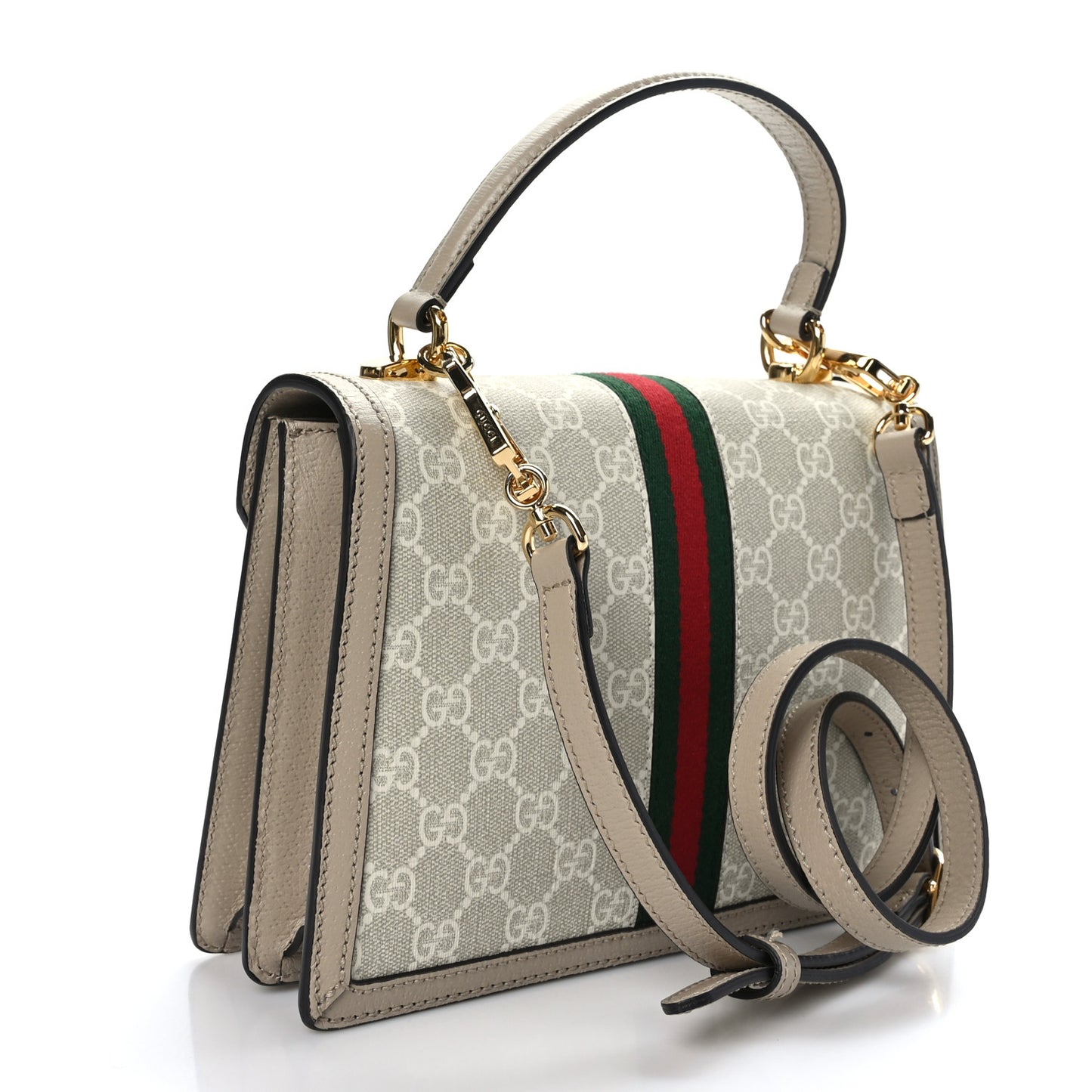 GG Supreme Monogram Textured Dollar Calfskin Web Small Ophidia Padlock Top Handle Bag Beige Mystic White Oatmeal