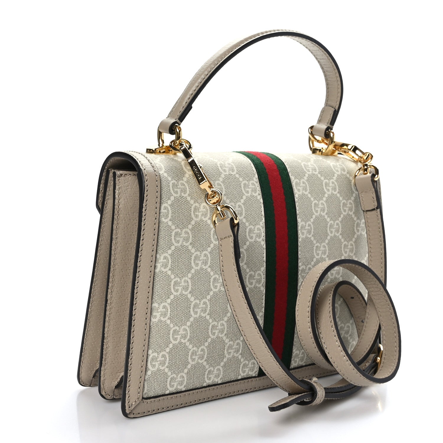 Gucci GG Supreme Monogram Textured Dollar Calfskin Web Small Ophidia Padlock Top Handle Bag Beige Mystic White Oatmeal 3 of 9