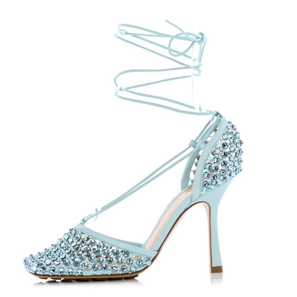 Bottega Veneta Mesh Nappa Crystal Embellished Sparkle Stretch Ankle Tie Sandals 38 Pale Blue 1 of 13