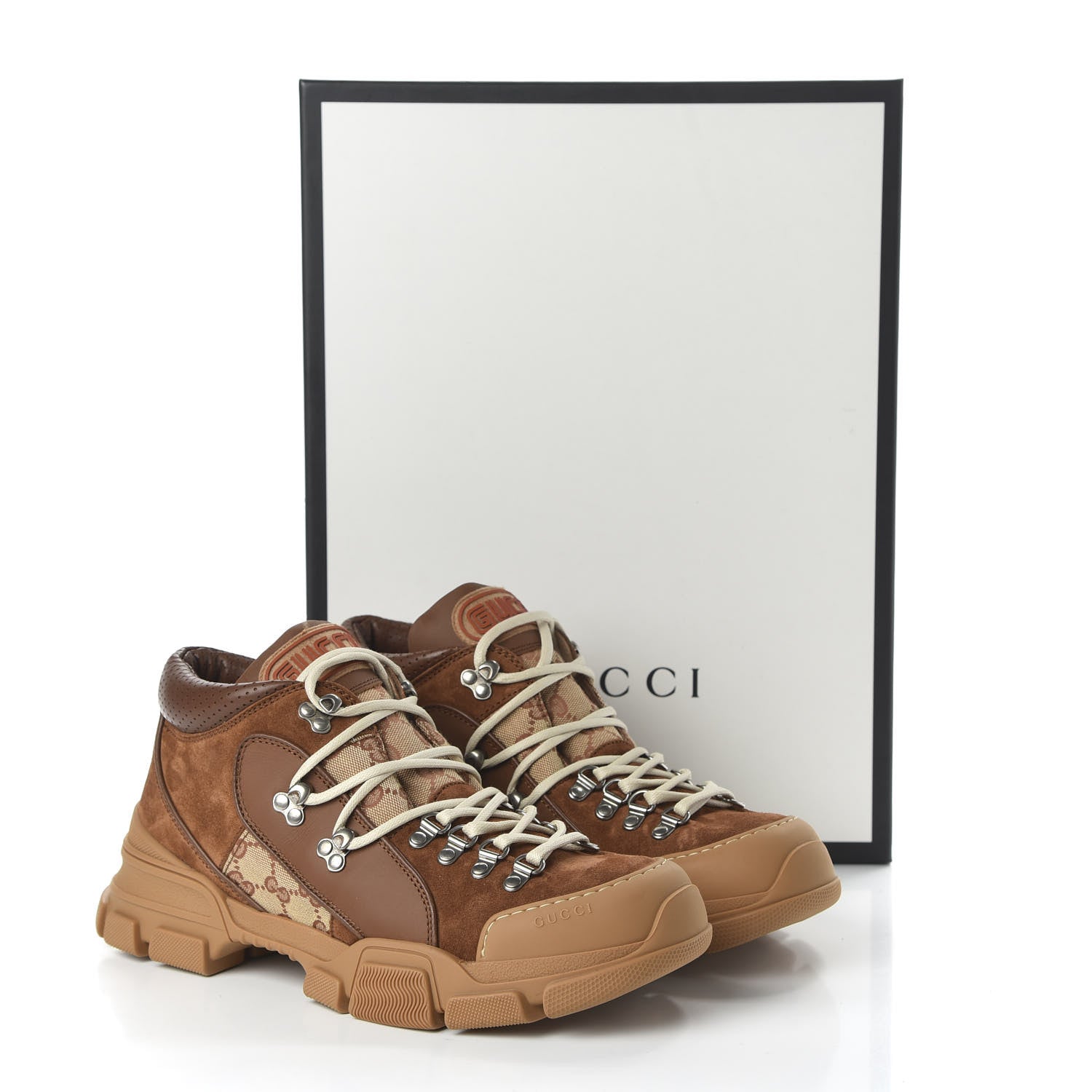 Gucci X SEGA Suede Calfskin GG Monogram Mens Flashtrek Sneakers 9 New Cuir Beige Ruggine 9 of 9