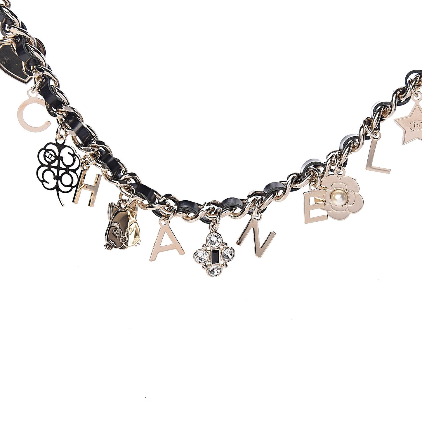 Glazed Calfskin Crystal Pearl Charm Short Necklace Black Gold