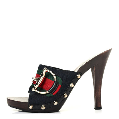 Gucci Monogram Natural Pigskin Web Icon Bit Platform Clog High Heel Slide Sandals 6 Black 1 of 4