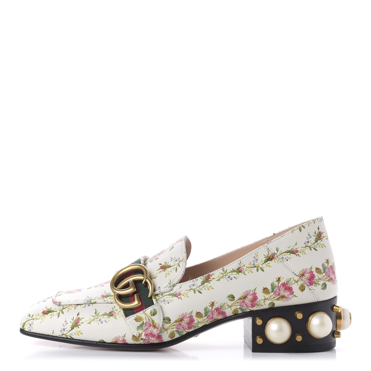 Gucci Calfskin Web Pearl Floral Embellished Peyton Loafer 36 White Multicolor 1 of 9